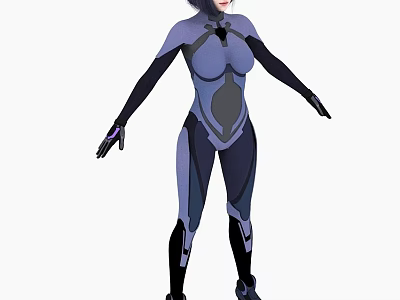 Woman in Blue Bodysuit Dark Hair Face Mask Futuristic Sci Fi Style Standing Outstretched Arms 3d model