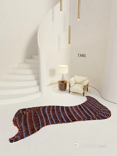 Stylish Shaped Rug In Modern Interior With White Stairs Armchair And Floor Lamp 3d model 
