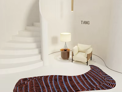 Stylish Shaped Rug In Modern Interior With White Stairs Armchair And Floor Lamp 3d model