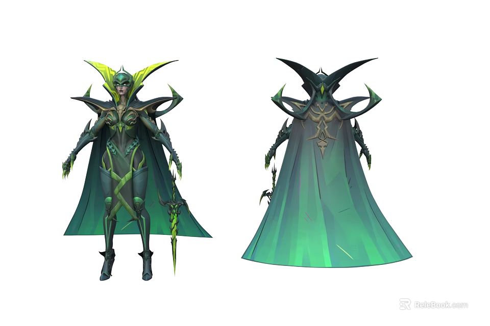 Game Movie Character with Ornate Green Black Armor Spiked Headdress Cape and Staff 3d model 