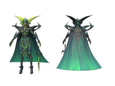 Game Movie Character with Ornate Green Black Armor Spiked Headdress Cape and Staff 3d model