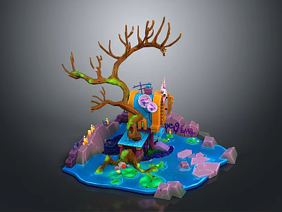 Enchanting Fantasy Scene With Twisted Tree House Blue Water Area Colorful Stones And Glowing Ornaments 3d model