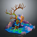 Enchanting Fantasy Scene With Twisted Tree House Blue Water Area Colorful Stones And Glowing Ornaments