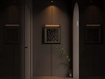 Elevator Lobby Design With Dark Walls Decorative Panels Recessed Lighting And Green Plant 3d model