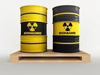 Industrial Equipment Two Yellow And Black Biohazard Barrels On Wooden Pallet 3d model