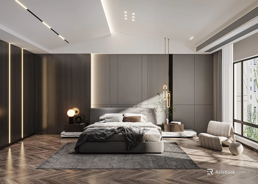 Modern Bedroom Interior Design With Platform Bed Area Rug Accent Chair And Pendant Light 3d model 