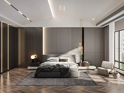 Modern Bedroom Interior Design With Platform Bed Area Rug Accent Chair And Pendant Light 3d model