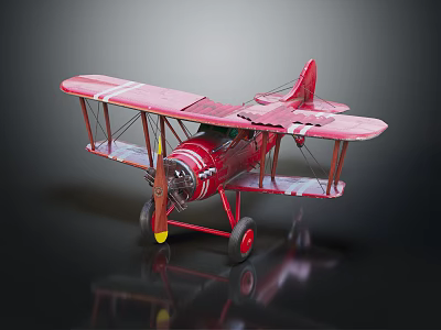 Vintage Red Biplane Airplane Model With Detailed Wings Propeller And Wheels 3d model