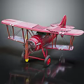 Vintage Red Biplane Airplane Model With Detailed Wings Propeller And Wheels