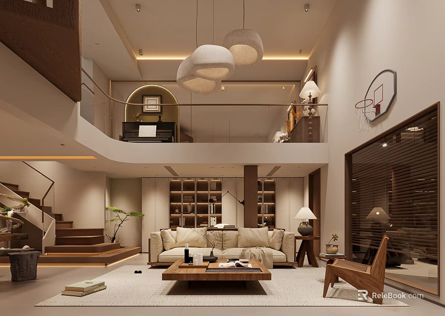 Modern Loft Living Room With Sofa Pendant Lights And Wooden Furniture 3d model 