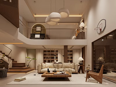 Modern Loft Living Room With Sofa Pendant Lights And Wooden Furniture 3d model