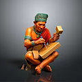 Traditional Man Sitting Crafting Wood with Tool Wearing Green Headdress and Blue Necklace