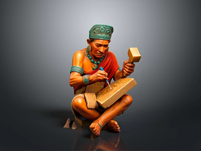 Traditional Man Sitting Crafting Wood with Tool Wearing Green Headdress and Blue Necklace 3d model