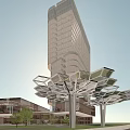 Modern Office Building Featuring Glass Curtain Wall High Rise Structure And Surrounding Greenery