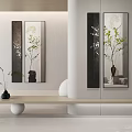Modern Minimalist Interior With Vertical Paintings Decorative Mirrors And Green Plants