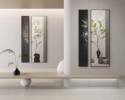 Modern Minimalist Interior With Vertical Paintings Decorative Mirrors And Green Plants 3d model