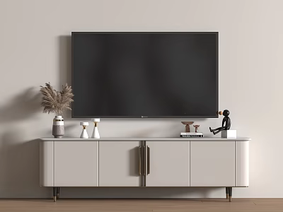 Modern Minimalist White TV Stand With Metal Handles And Decorative Items On Top 3d model
