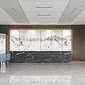 Modern Hotel Lobby With Marble Reception Desk Blue Chairs Round Tables Green Plant And Large Windows