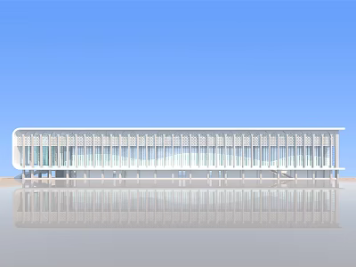 Modern White Long Building With Glass Curtain Wall And Blue Sky Reflection 3d model