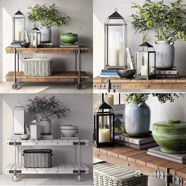 Commercial Display Equipment With Wooden Shelves Lanterns Vases Green Plants And Storage Basket 3d model 