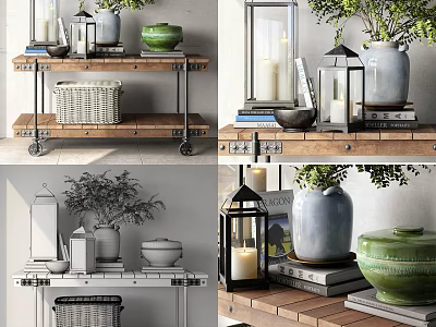 Commercial Display Equipment With Wooden Shelves Lanterns Vases Green Plants And Storage Basket 3d model