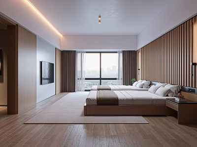 Modern Hotel Guest Room Interior With Wooden Slat Wall Large Bed And City View Windows 3d model