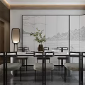 Modern Living and Dining Room Interior With Gray Sofa Circular Decorative Painting And Coffee Table