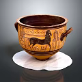 Ancient Terracotta Amphora With Two Handles Black Horse Design And Decorative Patterns On White Mat