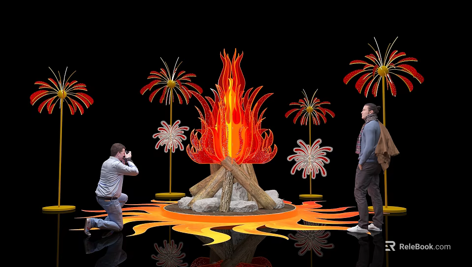 Eye Catching Flame Sculpture Photo Spot With Decorative Lights And People Taking 3d model 