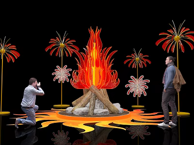 Eye Catching Flame Sculpture Photo Spot With Decorative Lights And People Taking 3d model