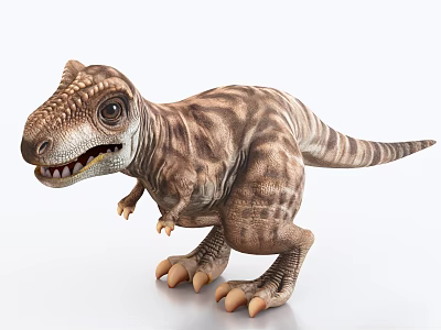 Baby Dinosaur Model With Brown Striped Skin And Open Mouth Standing On White Background 3d model