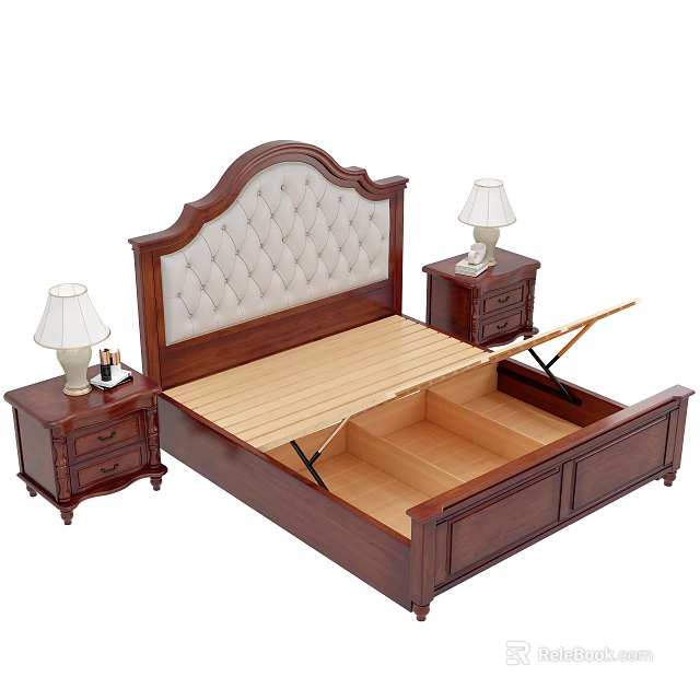 Wooden Double Bed With Upholstered Headboard Storage Compartments And Nightstand Lamps 3d model 