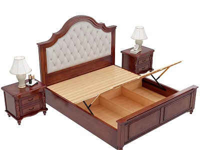 Wooden Double Bed With Upholstered Headboard Storage Compartments And Nightstand Lamps 3d model