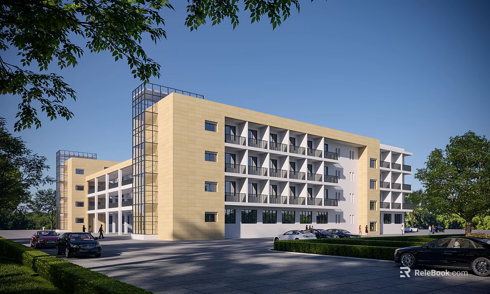 Modern Multi Story School Building With Yellow White Exterior And Trees Around Parking Lot 3d model 