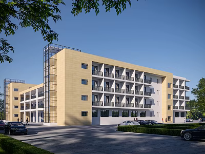 Modern Multi Story School Building With Yellow White Exterior And Trees Around Parking Lot 3d model