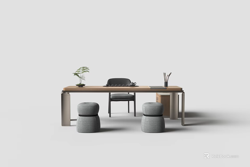 Modern Minimalist Wooden Tea Table with Chairs Stools and Plants on Top 3d model 