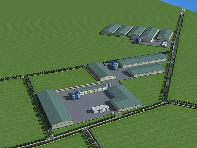 Large Industrial Factory Complex With Multiple Buildings Green Roofs And Surrounding Green Fields 3d model