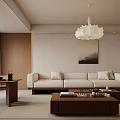 Cozy Neutral Tone Living And Dining Room Interior With Elegant Wooden Furniture And Soft Lights