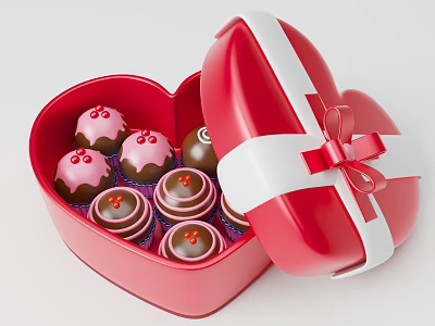 Open Red Heart Shaped Box Containing Decorated Cupcakes And Ribbon Bow 3d model