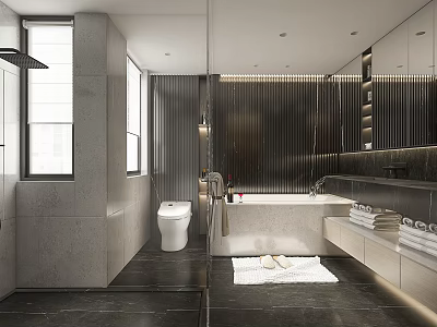 Modern Luxury Bathroom Interior With Bathtub Toilet Large Mirror And Marble Cabinets 3d model