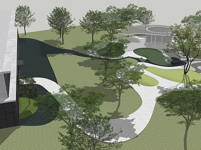 Park Landscape Design Featuring Winding Paths Lush Trees And Modern Circular Structures 3d model
