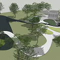 Park Landscape Design Featuring Winding Paths Lush Trees And Modern Circular Structures 3d model