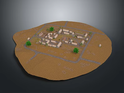Cartoon Village Scene with Circular Dirt Terrain Small Buildings Green Trees and Dirt Roads 3d model
