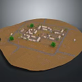 Cartoon Village Scene with Circular Dirt Terrain Small Buildings Green Trees and Dirt Roads