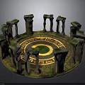 Ancient Circular Ruin Structure With Moss Covered Stone Pillars Central Green Grass And Yellow Ground Patterns