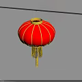 Red Lantern Household Item With Yellow Tassels Hanging On Black Pole White Wall With Shadow