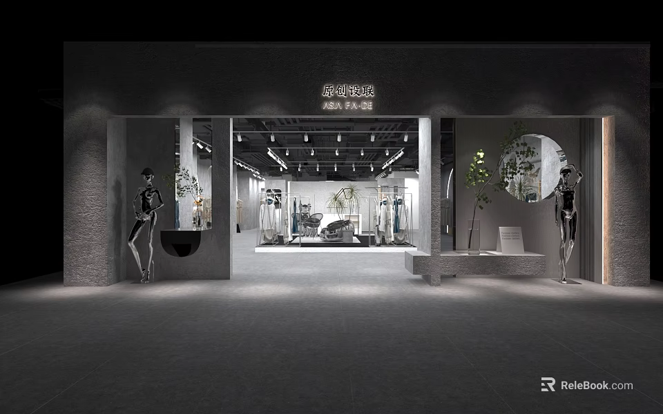 Modern Clothing Store Interior Design With Mannequins Displayed Clothes And Plants 3d model 