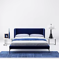Modern Blue Velvet Bed With Nightstands Table Lamps And Decorative Frames 3d model