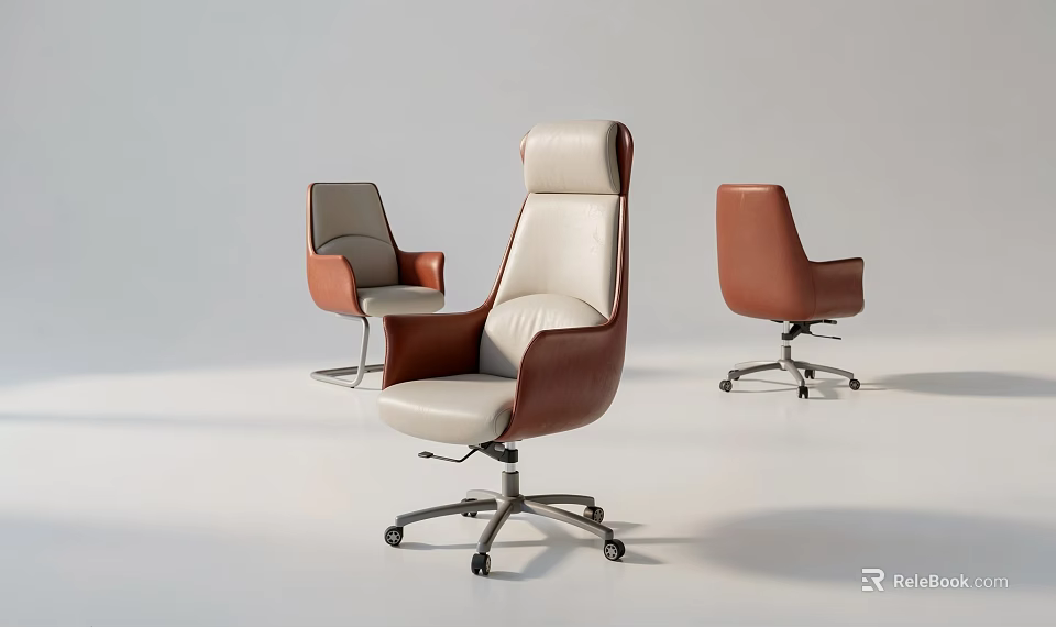 Modern Office Chairs With White Brown And Gray Upholstery Swivel Base And Ergonomic Design 3d model 