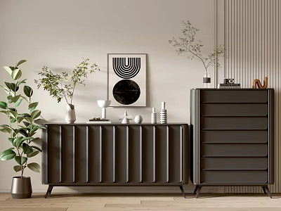 Modern Entryway Cabinet And Side Cabinet With Green Plants Decorative Items And Wall Art 3d model